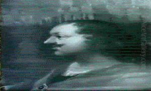 A Man Bust Length In Profile To The Left, In A Pink Wrap, A Town Beyond
