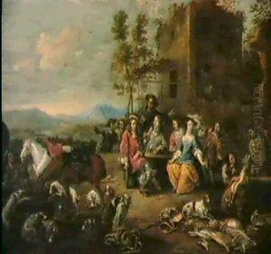 Chasseurs Faisant Halte Pres D'une Auberge by Hieronymous (Den Danser) Janssens
