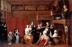 Ladies Celebrating The Birth Of A Child, And Gentlemen      Looking On From Behind A Screen, In An Interior