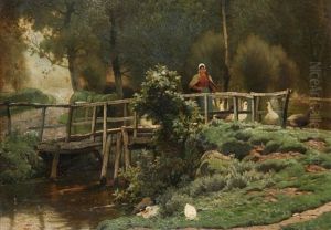 Bergere Aux Oies (check) Sur Un Pont by Jacques Janssens