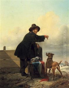 Krabbenfischer Mit Seinem Hund Am Strand by Johan Janssens