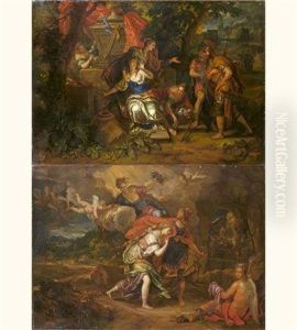 Enee Et Didon Se Refugiant Dans Une Grotte Pour Se Proteger De L'orage (+ Scene De L'histoire D'enee : Probablement Didon Pleurant Le Depart D'enee; Pair)