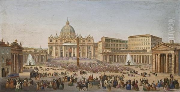 Piazza San Pietro Con Moltitudine Di Fedeli E Carrozze - view 1