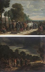 Earth, Elegant Figures At A Vegetable And Cattle Market (+ Fire, Soldiers Assembled Around A Carriage With Canons Firing; Pair)