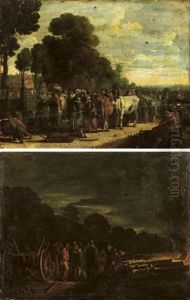 Fire: Soldiers Assembled Around A Carriage With Canons Firing (+ Earth: Elegant Figures At A Vegetable And Cattle Market; Pair)