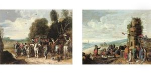 A Hunting Party With A Horse-drawn Carriage In A Wooded Landscape (+ Fisherfolk Inspecting Their Catch On A Beach; Pair) by Govert (Mynheer) Jansz