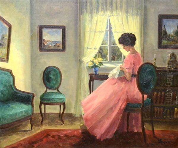 Woman Embroidering - view 1