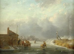 Winterliche Flusslandschaft Mit Pferdeschlitten