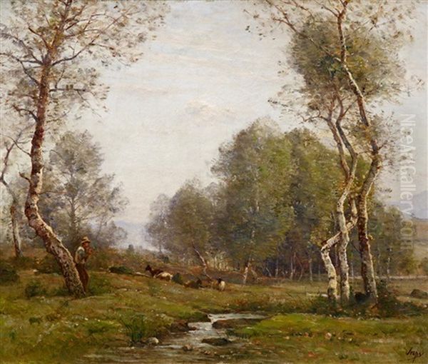 Flotespielender Hirte Mit Seiner Herde An Einem Bachlauf - view 1