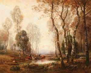 Bucolic Wooded Landscape With Cattle Watering by Louis-Aime Japy