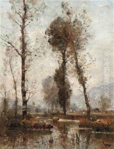Cattle Fording The River by Louis-Aime Japy
