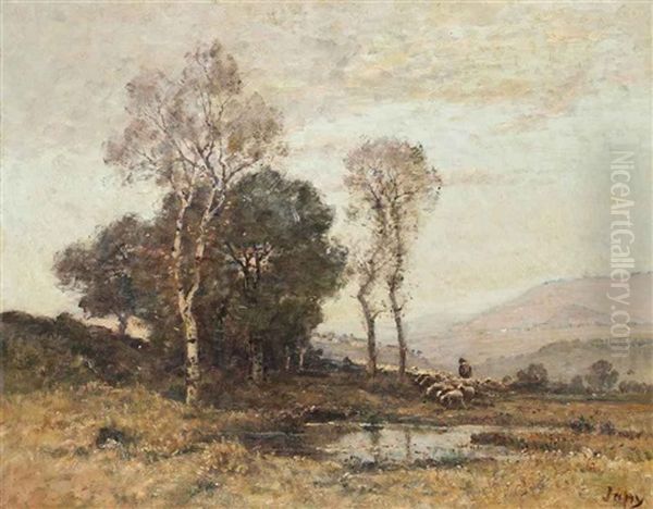 A Shepherd Tending To His Flock By A Pool - view 1
