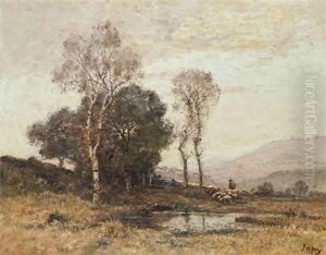 A Shepherd Tending To His Flock By A Pool by Louis-Aime Japy