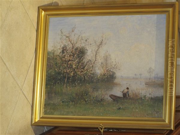 Pecheur Et Sa Barque Au Bord De L'etang - view 1