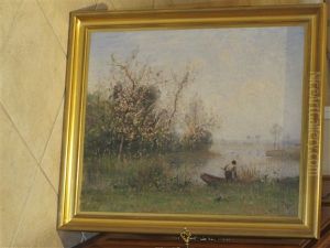 Pecheur Et Sa Barque Au Bord De L'etang by Louis-Aime Japy