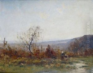 Mere Et Enfant Dans Un Paysage D'automne by Louis-Aime Japy