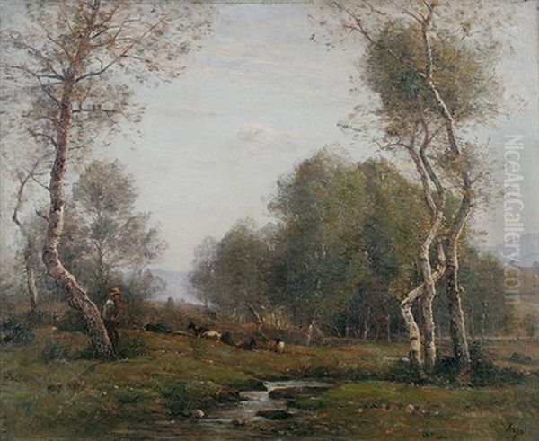 Flotespielender Hirte Mit Seiner Herde Bei Einem Bachlauf - view 1