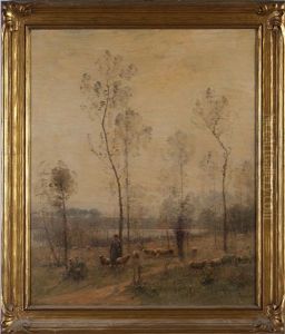 Landscape With Shepherdess And Flock Near A Wooded Pond by Louis-Aime Japy