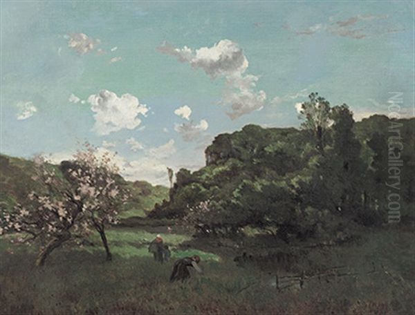 Fruhlingslandschaft Mit Bluhenden Apfelbaumen Und Figurenstaffage - view 1