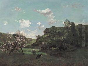 Fruhlingslandschaft Mit Bluhenden Apfelbaumen Und Figurenstaffage