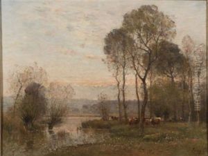 Twilight Landscape With Cattle Grazing