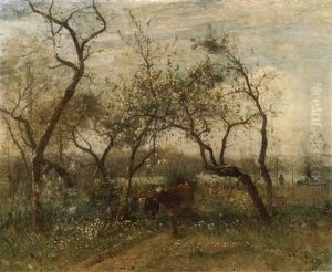 Cows Resting Under Fruit Trees In Bloom by Louis-Aime Japy