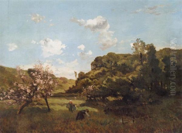 Hugelige Landschaft Im Fruhling Mit Wandernden Frauen - view 1