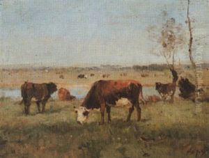 Sommerliche Wiesen- Und Flusslandschaft Mit Kuhherde by Louis-Aime Japy