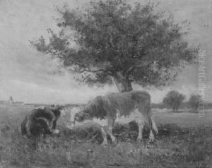 Zwei Kuhe Unter Einem Baum In Weiter Wiesenlandschaft by Louis-Aime Japy