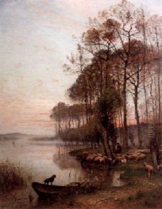 Franskt Sommarlandskap Med Herde Och Far - Solnedgang by Louis-Aime Japy