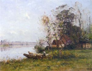 Shepherd Ferrying His Flock Across A River