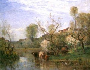 Cattle At A River In Spring by Louis-Aime Japy