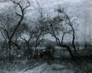 Vaches Sous Les Arbres Fleuris by Louis-Aime Japy