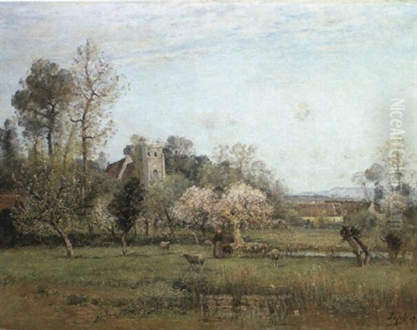 A Shepherdess With Her Flock In An Apple Orchard - view 1