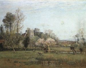 A Shepherdess With Her Flock In An Apple Orchard by Louis-Aime Japy