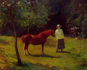 Portrait Of A Lady, Standing In An Orchard With A Pony