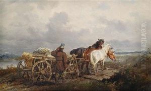 Bauer Mit Erntewagen Auf Dem Heimweg by Jozef Jaroszynski