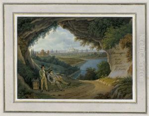 Zwei Kunstler In Einer Grotte, Im Hintergrund Die Silhouette Von Mailand: Titelbild Zu Den "vues Pittoresques Dans La Haute Italie" Zwei Kunstler In Einer Grotte, Im Hintergrund Die Silhouette Von Mailand: Titelbild Zu Den "vues Pittoresques Dans La Haute Italie"