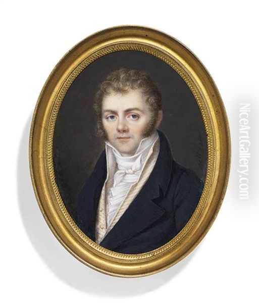 A Young Gentleman, In Blue Coat, Striped Buff Colored Waistcoat, White Shirt And Knotted White Cravat, Fair Hair And Sideburns - view 1