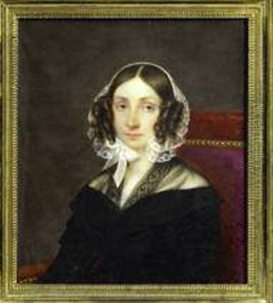 Portrait D'une Jeune Femme En Robe De Dentelle Noire Assise Dans Un Fauteuil De Velours Rouge; Coiffee D'anglaises, Elle Porte Un Bonnet De Dentelle Blanche - view 1