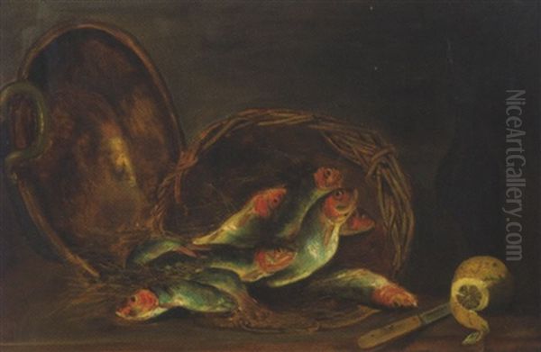 Nature Morte A La Bassine De Cuivre, Au Panier D'osier, Poissons, Citron Et Bouteille - view 1