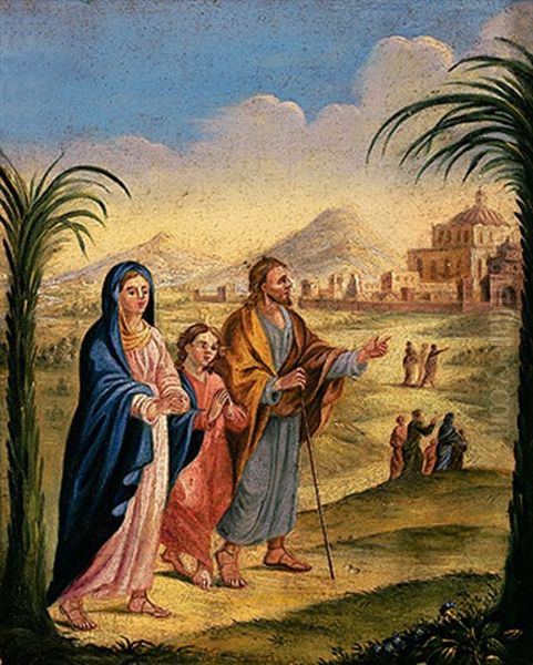 Die Hl. Familie Vor Hugeliger Landschaft Mit Tempelansicht - view 1