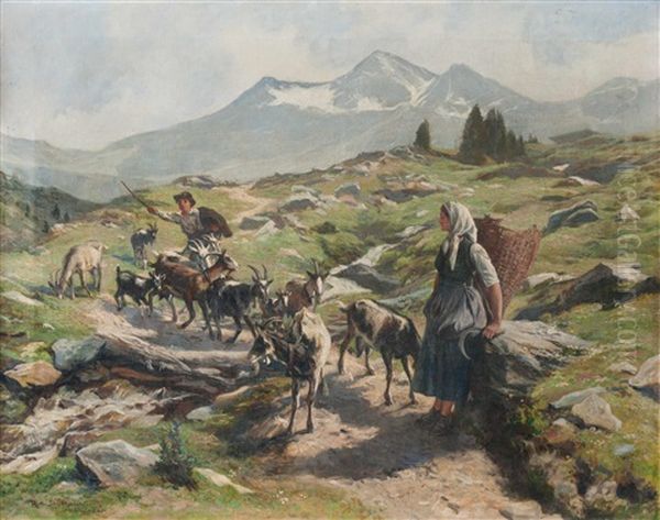 Auf Dem Almweg - Ziegenhirte Und Sennerin - view 1