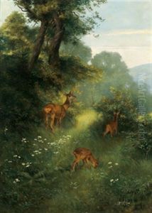 Rehe In Einer Waldlandschaft by Rudolf-Alfred Jaumann