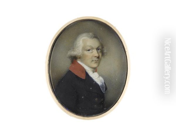A Gentleman, Wearing Blue Coat With Scarlet Collar, White Chemise, Stock And Lace Cravat, His Hair Powdered - view 1