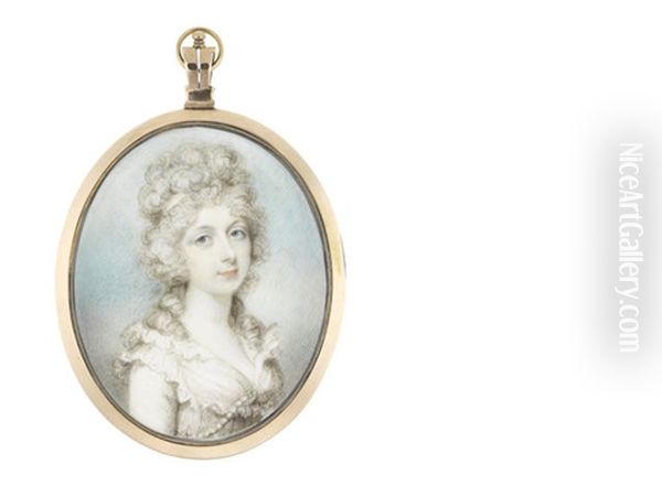 A Lady, Wearing White Dress Finished With A Strand Of Pearls And Double-tiered Collar Edged With Frilled Trim, Her Curled And Powdered Hair Secured With A Matching White Bandeau - view 1