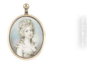 A Lady, Wearing White Dress Finished With A Strand Of Pearls And Double-tiered Collar Edged With Frilled Trim, Her Curled And Powdered Hair Secured With A Matching White Bandeau