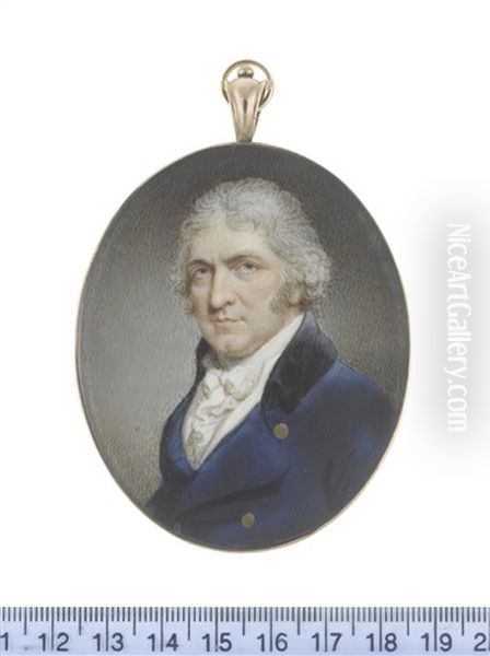 A Gentleman, Wearing Blue Coat With Black Collar, White Waistcoat, Chemise, Stock And Tied Cravat, His Hair Powdered - view 1