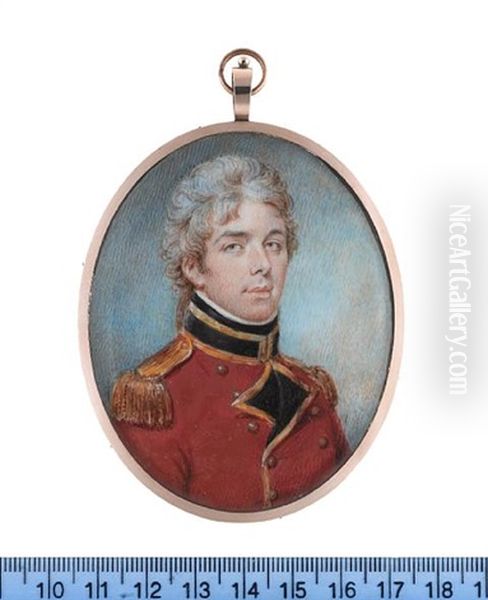 An Officer, Wearing Gold Trimmed Red Coat With Black Facings And Standing Collar, Gold Buttons And Epaulettes, White Chemise And Black Stock, His Hair Powdered - view 1