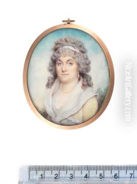 A Lady, Wearing Pale Yellow Dress With White Lace Trim And Fichu Fastened At Her Bodice With Pearl Clasp, Pearl Necklace And Pendent Earrings - view 1